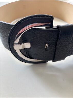 Banana Republic Black Leather Belt with Silver Crescent Buckle